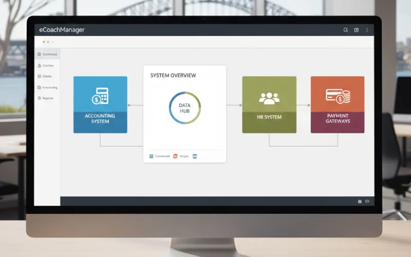 Dashboard view of eCoachManager showing integrations with accounting, HR, and payment systems.