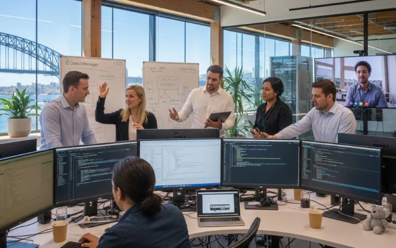 Team of developers working on continuous updates for eCoachManager fleet management software