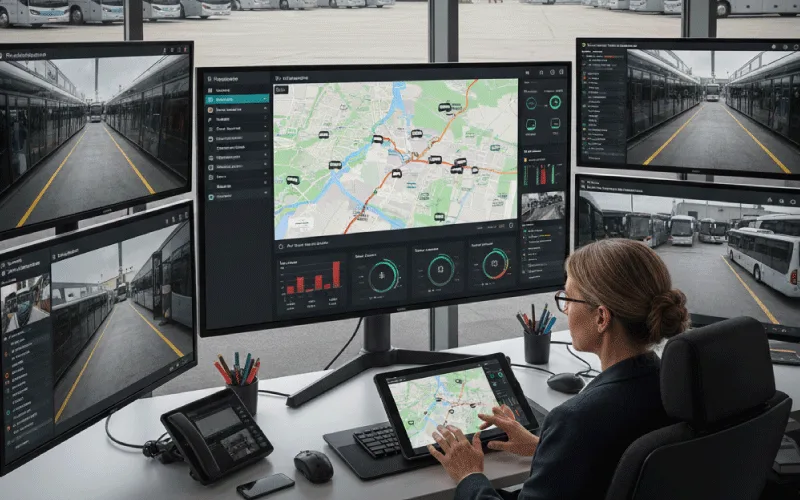 Fleet manager analysing real-time vehicle data dashboard on eCoachManager