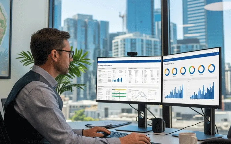 Transport manager reviewing automated compliance reports on eCoachManager software.
