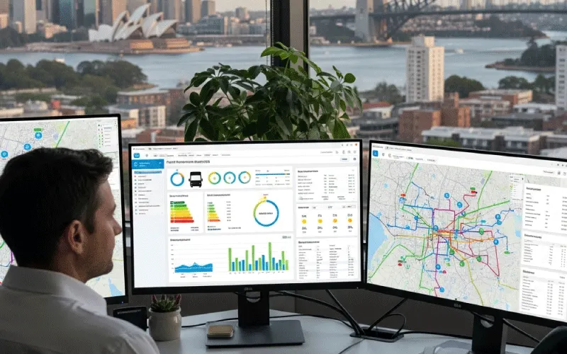 Coach operator reviewing analytics on fleet performance and compliance