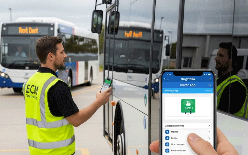 The driver using the ECM Driver App to complete a digital walkaround check and submit real-time updates.