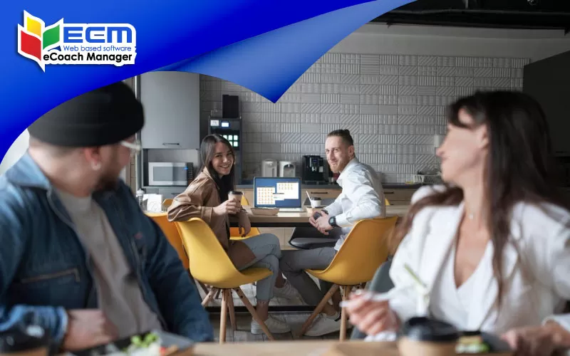 small team of back office employees having fun on their break, efficient hiring, coach hire business software