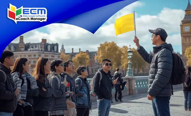 thumbnail Chinese tourists listening to a guide holding a flag, international tourists, UK road safety and coach hire etiquette