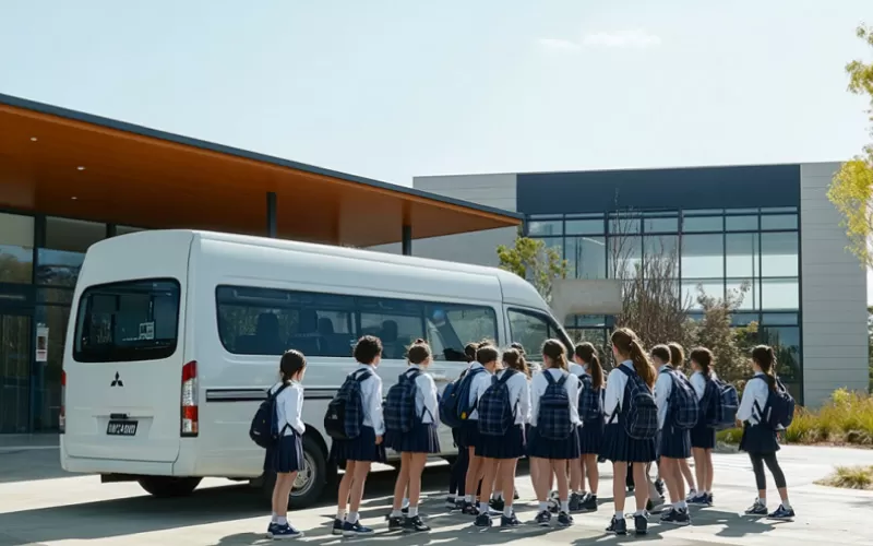 students waiting for minibus in front of school, student transport, January 2025, UK