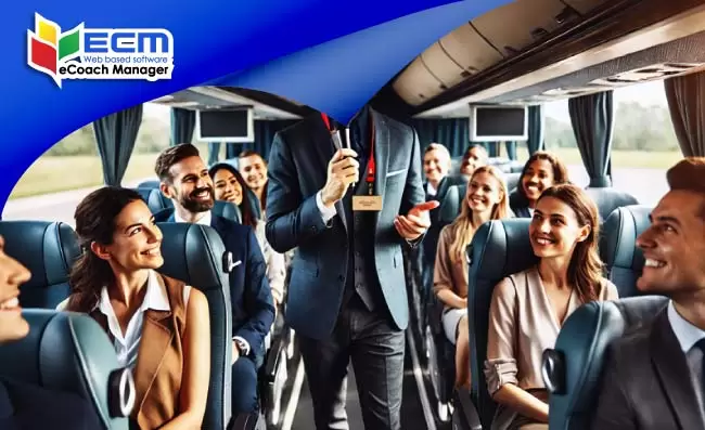 tour guide talking inside bus, tour bus, group tour transport provider